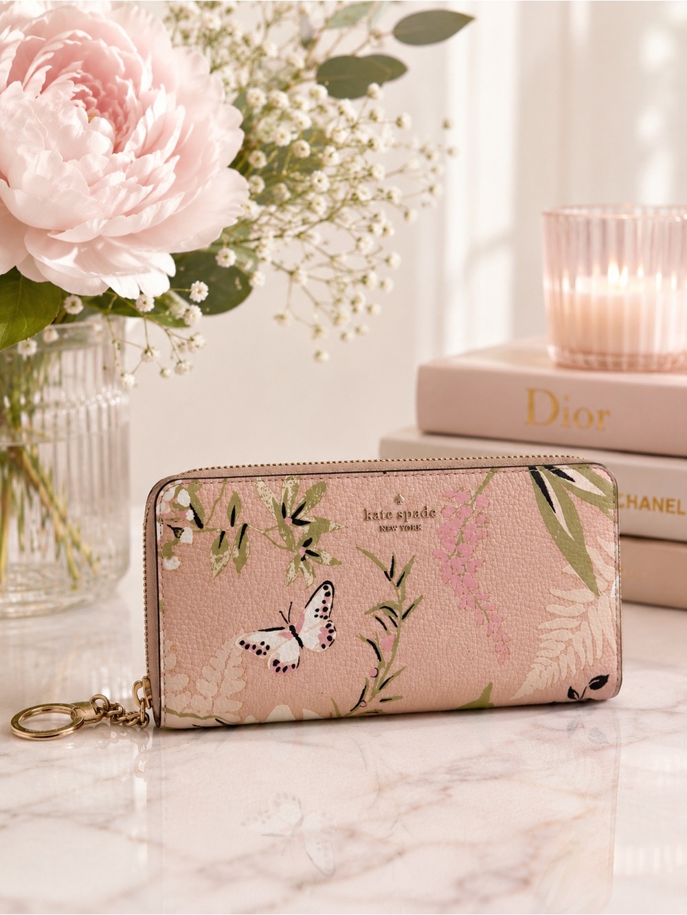 Kate Spade New York Pink Floral Zip-Around Wallet Key Ring Women Briar Lane Pink